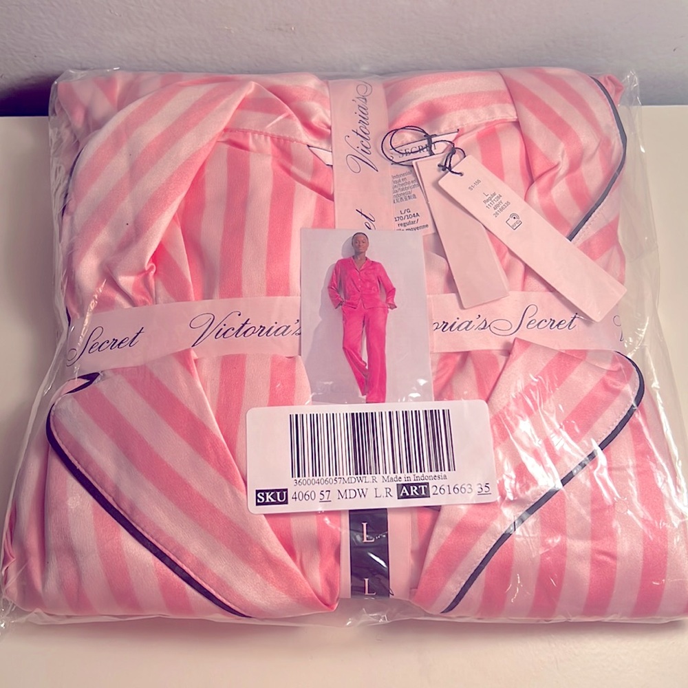 Victoria Secret Satin Long Pajama Set, size Large, Pink Stripe - New with Tags